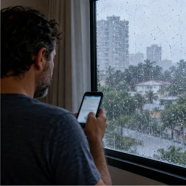 Pessoa consulta um celular perto de uma janela coberta por gotas de chuva, em um ambiente interno.