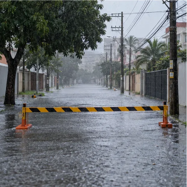 Rua urbana coberta por água da chuva e isolada por uma barreira; não há pessoas ou veículos tentando atravessar.