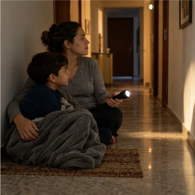 Uma mulher e uma criança ficam sentadas em um corredor interno com uma lanterna, longe das janelas.