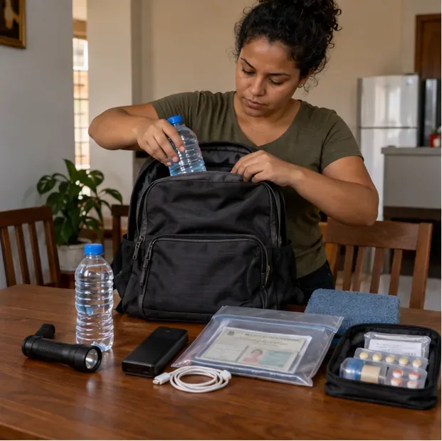 Moradora coloca uma garrafa de água em uma mochila, com lanterna, documentos protegidos e medicamentos sobre a mesa.