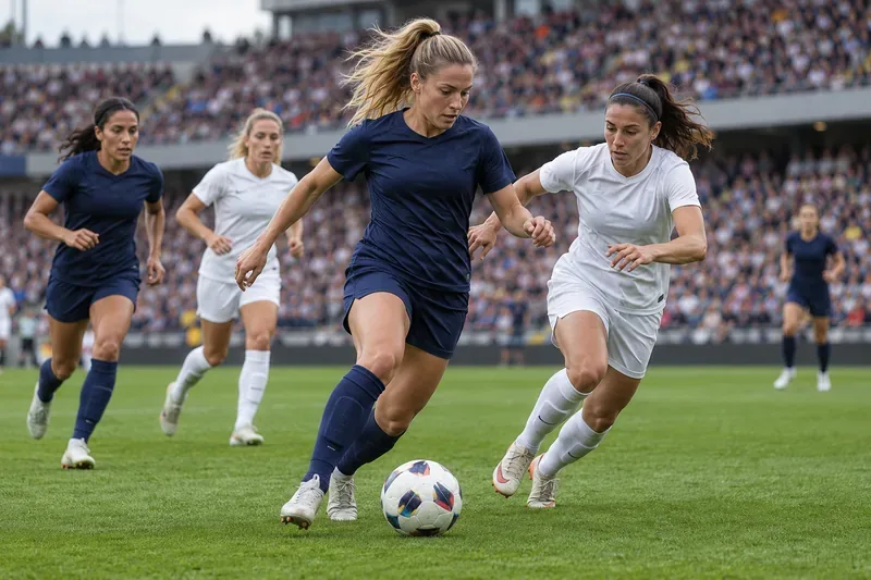 Des joueuses en maillots bleu marine et blanc disputent le ballon sur une pelouse, devant des tribunes.