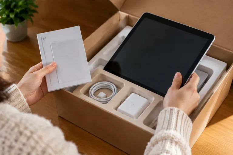 木製の机の上で開封したタブレットとケーブル、電源アダプター、説明書を確認する手元