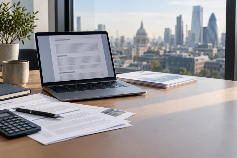 Laptop showing a company filing beside printed financial papers and a calculator on a London office desk.