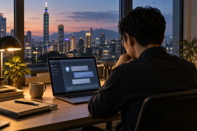 台北城市窗景前，一名使用者在筆電上查看通用 AI 對話介面