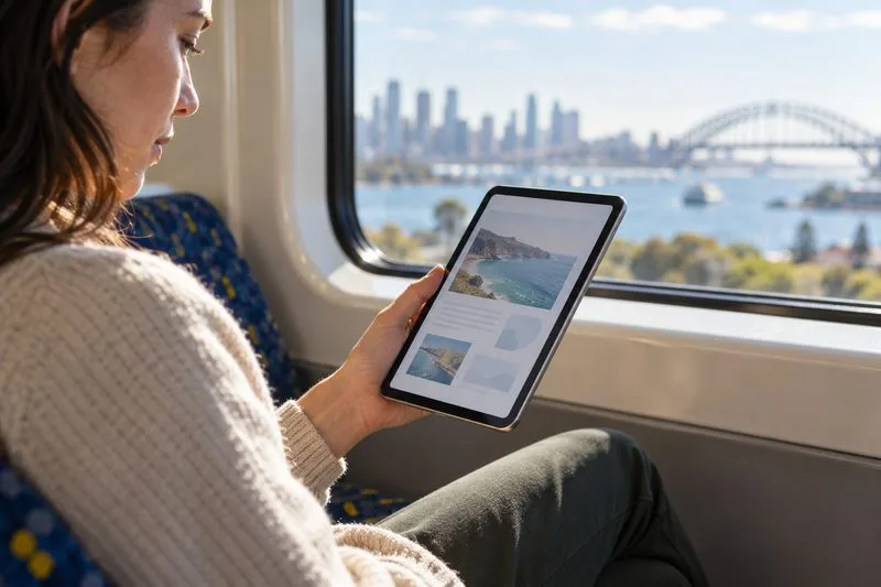 A commuter holds a compact tablet while reading beside a train window.