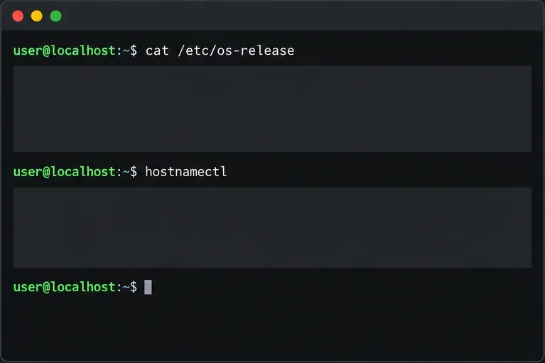 A terminal displays commands for checking the operating system release and host identity before STIG work.