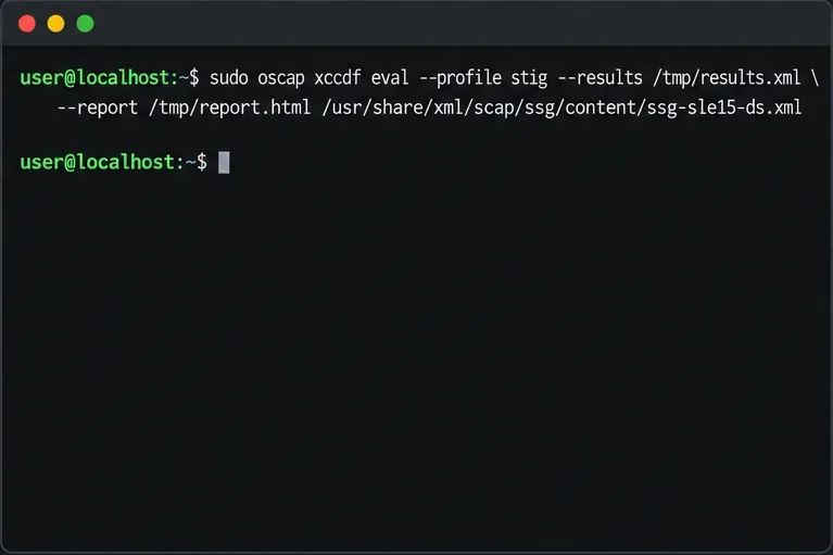 A terminal shows the baseline OpenSCAP evaluation command with XML and HTML report paths.
