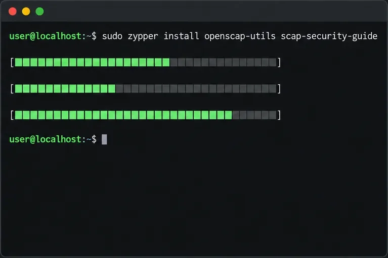 Conceptual terminal view of the zypper install command; the generic progress bars are not a verified package installation result.