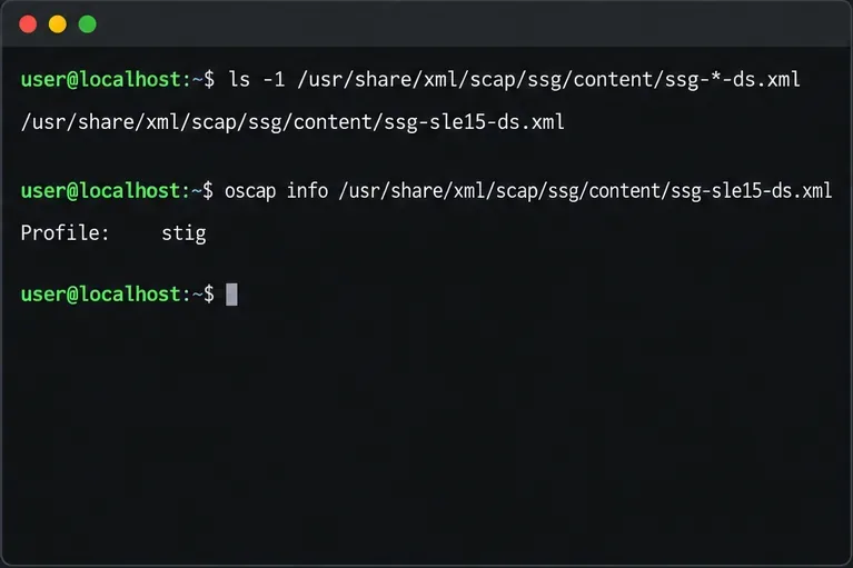 A terminal lists the SLES 15 SCAP data stream and checks its available profile with oscap info.