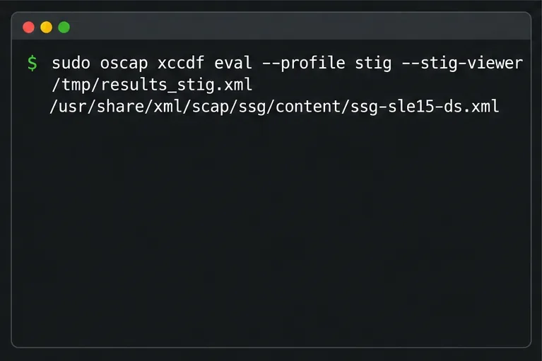 A terminal shows the oscap option for exporting an XCCDF result for review in DISA STIG Viewer.