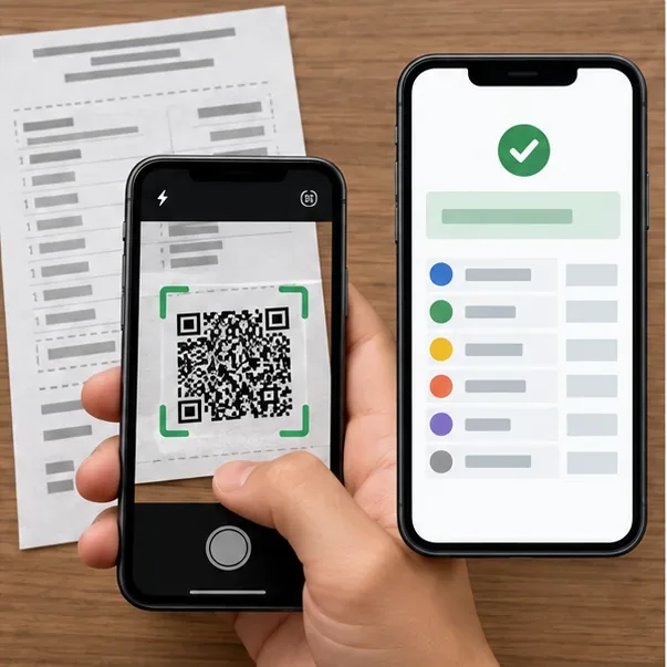 Um celular enquadra o QR Code de um boletim impresso, enquanto outro mostra linhas de resultados sem valores.