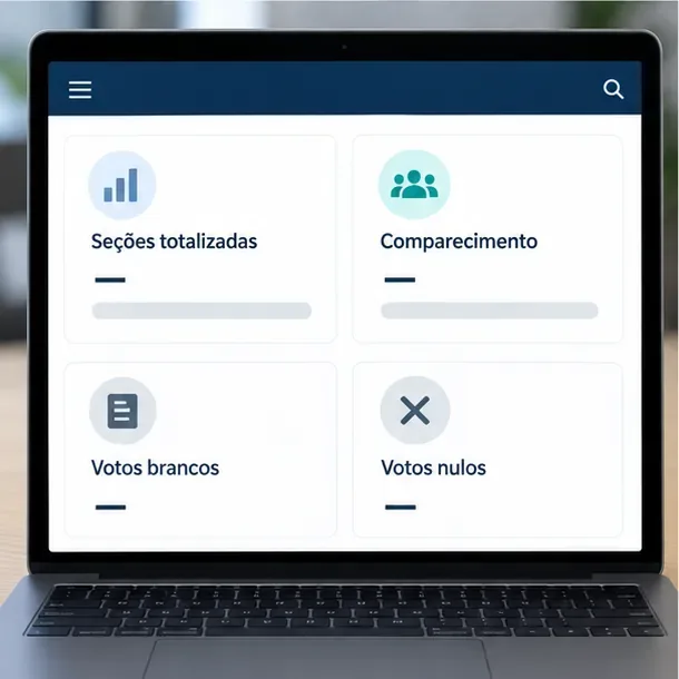Painel esquemático com os indicadores Seções totalizadas, Comparecimento, Votos brancos e Votos nulos, sem números.