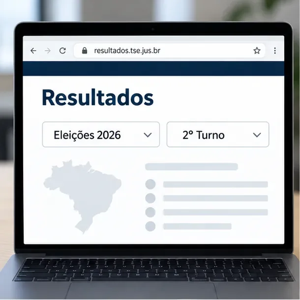 Tela esquemática do portal Resultados com os seletores Eleições 2026 e 2º Turno.