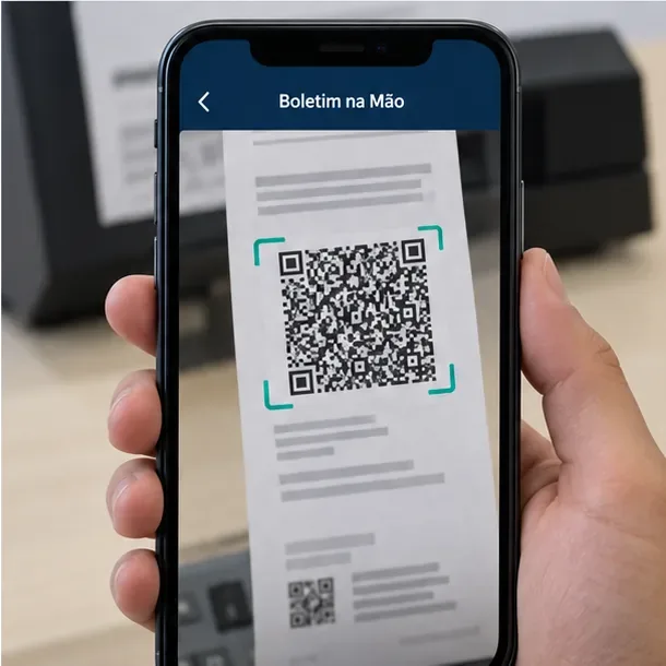 Celular enquadrando o QR Code de um boletim de urna impresso no aplicativo Boletim na Mão, em cena esquemática.