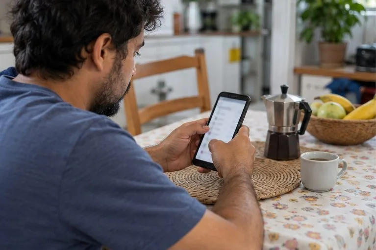Um homem consulta um celular sentado à mesa de uma cozinha.