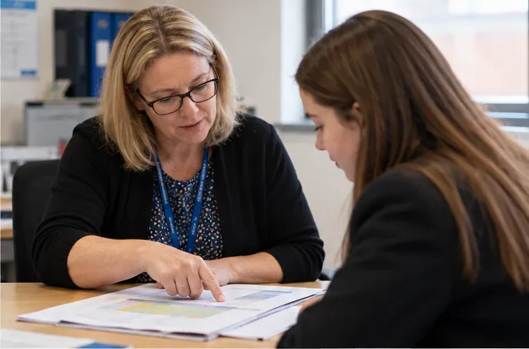 A school staff member points to a printed schedule while a student reviews it at a desk.