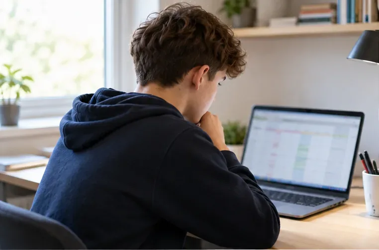 A student sits at a desk and checks a blurred timetable on a laptop in a bright study room.