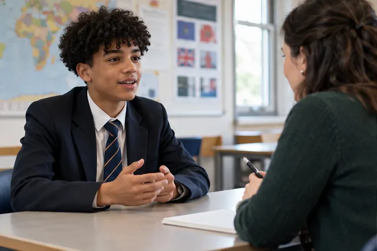 A student speaks with a teacher seated across a table in a classroom.