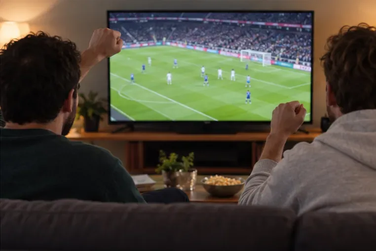 Dois torcedores assistem a imagens genéricas de futebol em uma televisão na sala de casa.