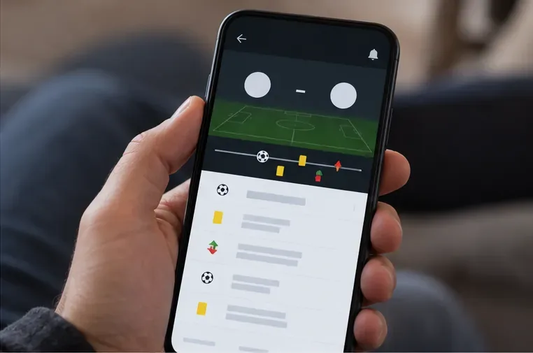 Celular exibe um painel genérico de jogo de futebol, com campo, linha do tempo e eventos representados por ícones.