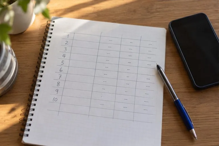 Cuaderno abierto con una cuadrícula vacía, bolígrafo y teléfono sobre una mesa de madera.