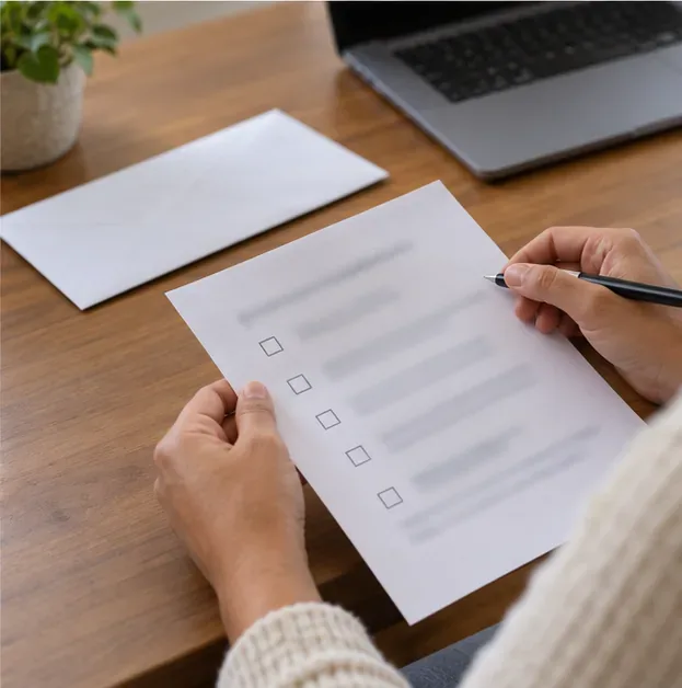 Hands review a paper checklist beside a closed envelope and a laptop