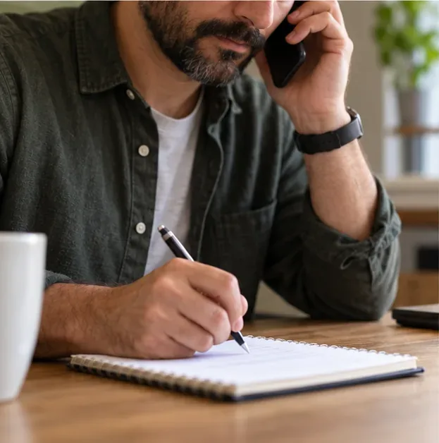 A claimant speaks on a phone while writing a reference in a notebook