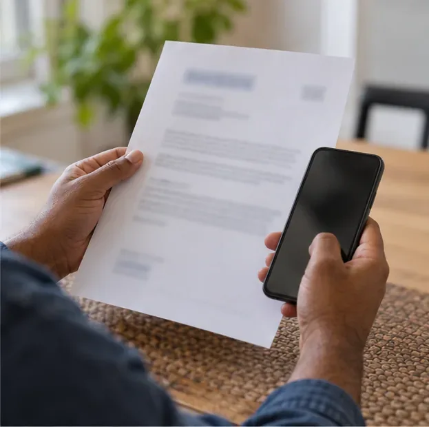 Hands compare a printed settlement notice with a phone, with the notice text unreadable