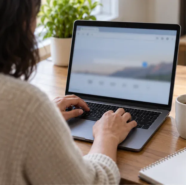 A person uses a laptop at a home desk to look up settlement information online