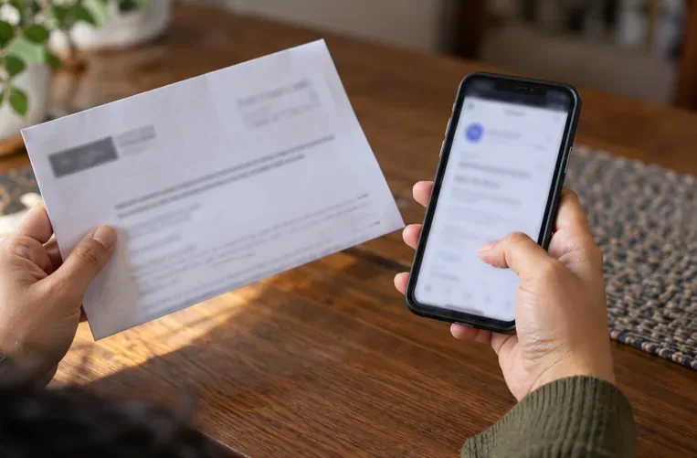 Hands compare a mailed settlement notice with an email on a phone to locate a class-member ID.