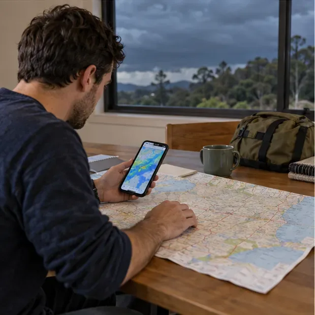 A traveler reviews a paper road map and a smartphone before a planned drive, with storm clouds outside the window.
