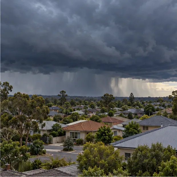 A dark storm cloud bank and curtains of rain approach a residential neighborhood.