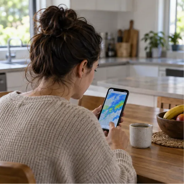 A person seated at a kitchen table checks a colored weather map on a smartphone.