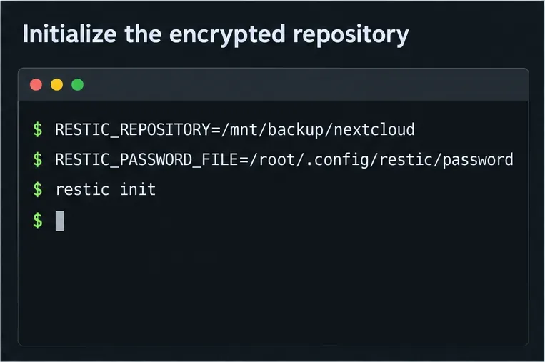 Een terminalillustratie toont het pad naar de Restic-repository, het pad naar het wachtwoordbestand en het commando restic init.
