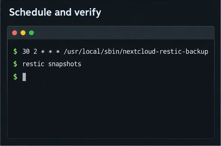 Een terminalillustratie toont een dagelijkse cron-taak voor het Nextcloud Restic-script naast de restic snapshots-opdracht.