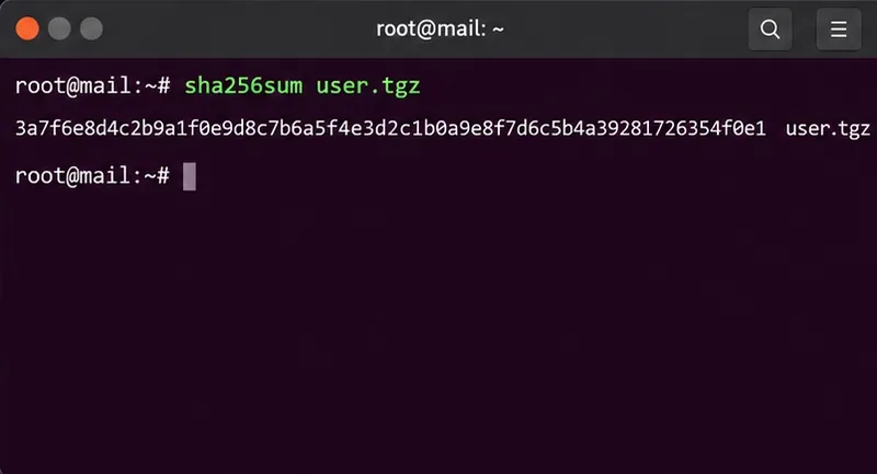 Terminale che mostra il checksum SHA-256 per un file TGZ di una casella di posta
