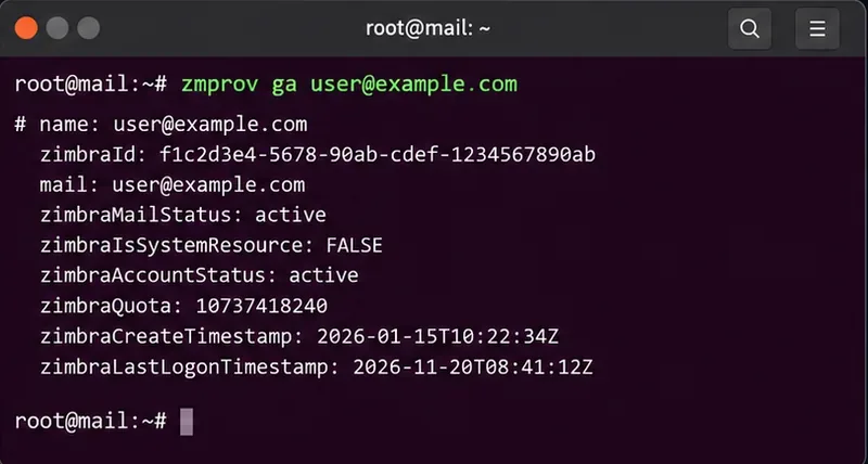 Terminale che mostra gli attributi dell'account dal comando di provisioning di Zimbra