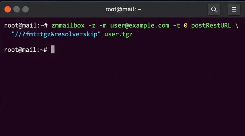 Il terminale mostra zmmailbox postRestURL con l'opzione resolve=skip