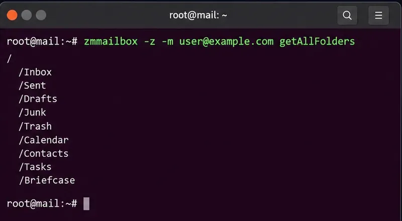 Terminale che mostra i nomi delle cartelle di Zimbra restituiti da getAllFolders