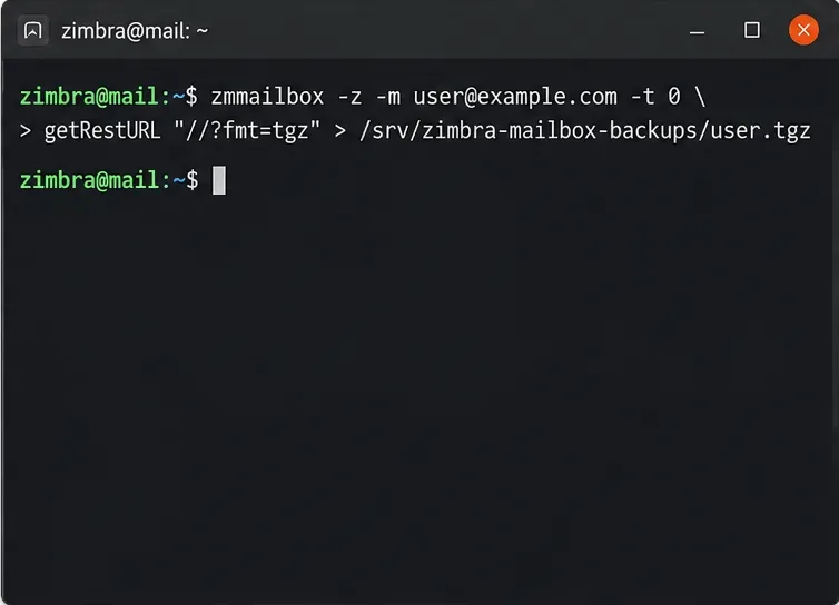 Terminale che mostra zmmailbox getRestURL durante l'esportazione di una casella di posta in un file TGZ