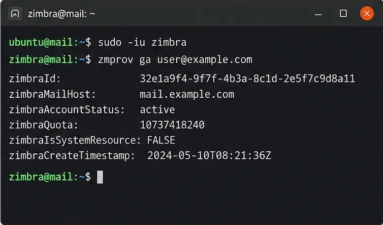 Terminale che mostra una ricerca dell'account Zimbra con host della casella di posta e stato attivo
