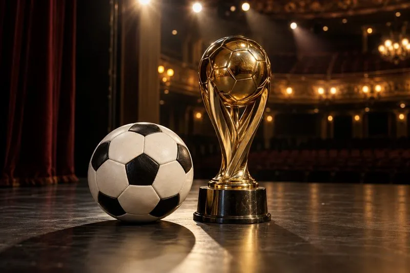 Un ballon de football et un trophée doré sont posés sur une scène éclairée par des projecteurs.