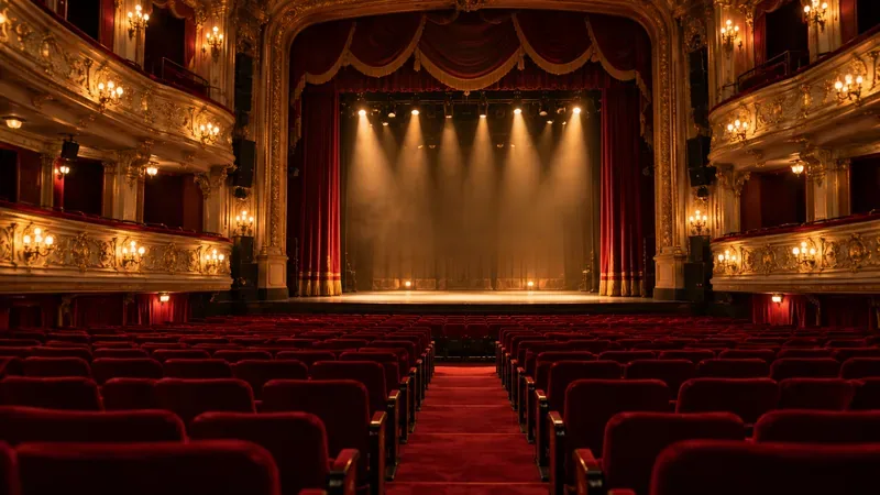 Leerer Theatersaal mit roten Samtsitzen, verzierten Balkonen und einer warm beleuchteten Bühne.