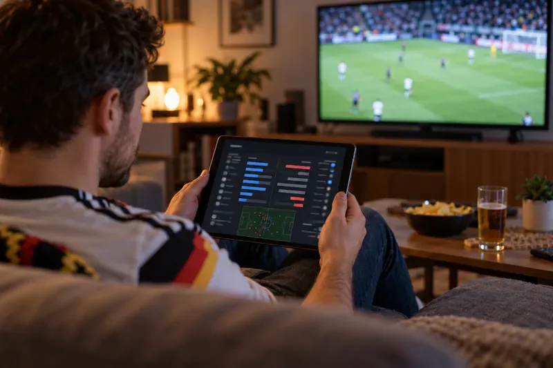 Ein Fußballfan verfolgt auf einem Tablet Spieldaten, während im Hintergrund ein Fußballspiel läuft.