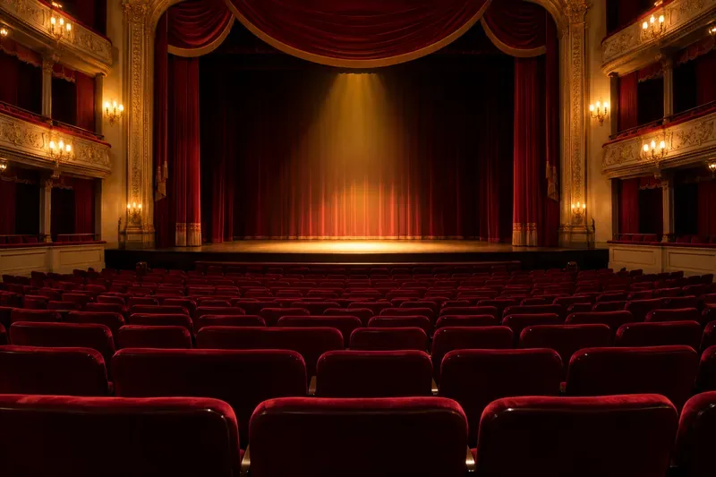 Pusta sala teatralna z rzędami czerwonych foteli, czerwonymi kotarami i oświetloną sceną
