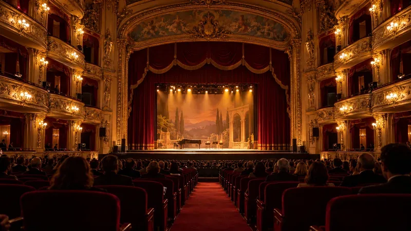 Widownia w ozdobnym teatrze, rzędy czerwonych foteli i ciepło oświetlona scena.