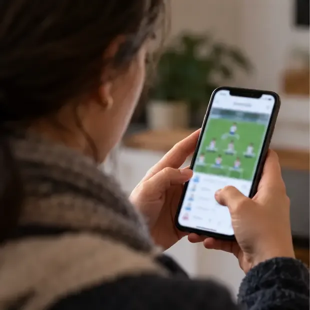 Una aficionada consulta información deportiva desenfocada en la pantalla de su teléfono.