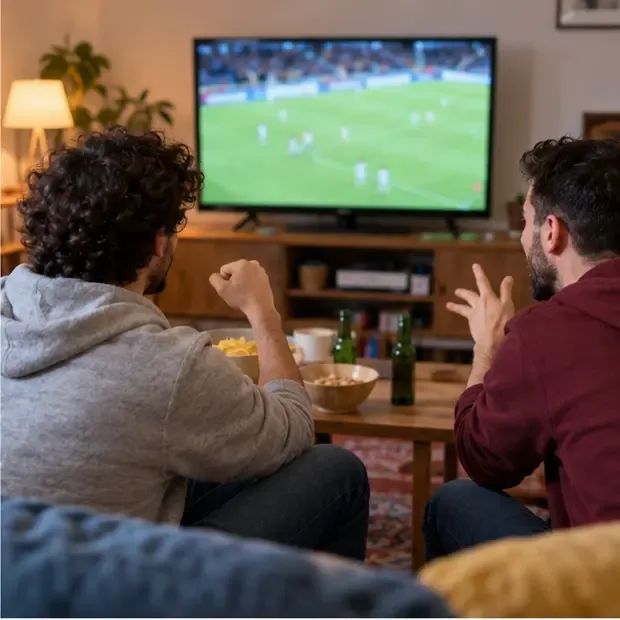Dos amigos miran un partido de fútbol en el televisor desde un salón.