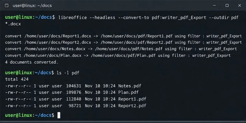 Le terminal Linux affiche une commande batch LibreOffice convertissant des fichiers DOCX en PDF et listant les PDF résultants.