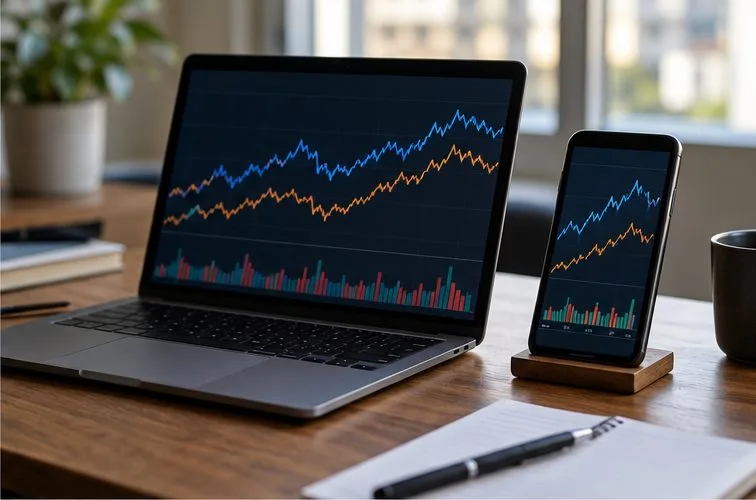 Notebook e celular mostram gráficos abstratos lado a lado para representar a comparação de cotações